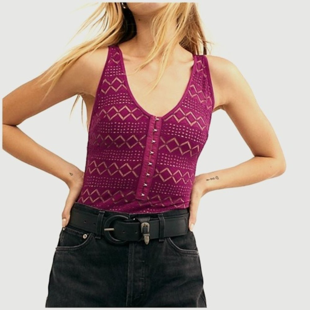 FREE PEOPLE Thank You Never Bodysuit Mesh Lace Purple Tank Top V Neck Small New